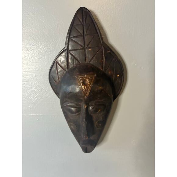 Handcrafted Ghanaian Tribal-Style Wooden Wall Mask – Dark Wood w/ Metal Accents - Picture 1 of 8